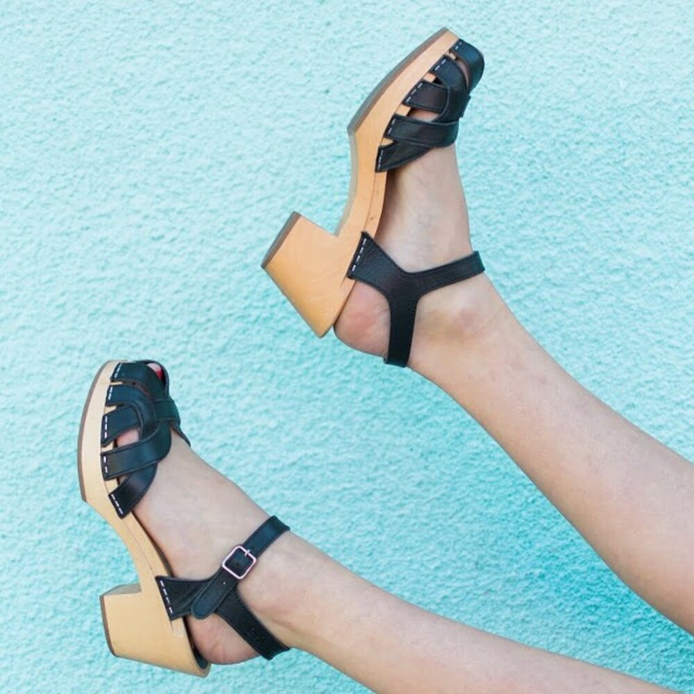 Swedish Hasbeens Black and Tan Sandals